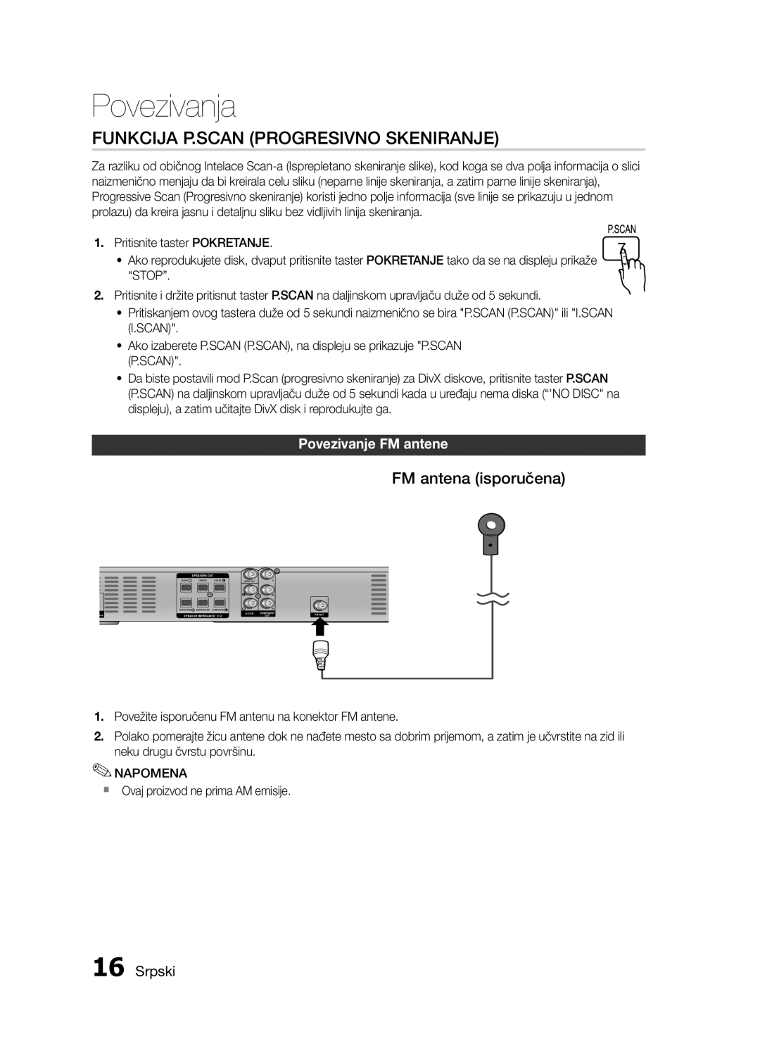 Samsung HT-E330/EN manual Funkcija P.SCAN Progresivno Skeniranje, FM antena isporučena, Povezivanje FM antene, Stop 