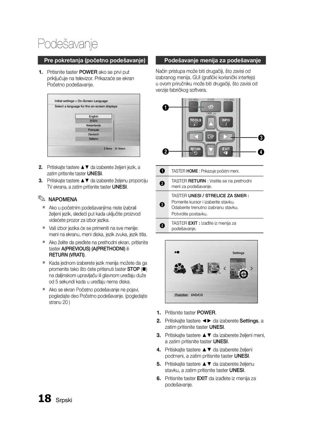 Samsung HT-E330/EN manual Pre pokretanja početno podešavanje, Podešavanje menija za podešavanje 