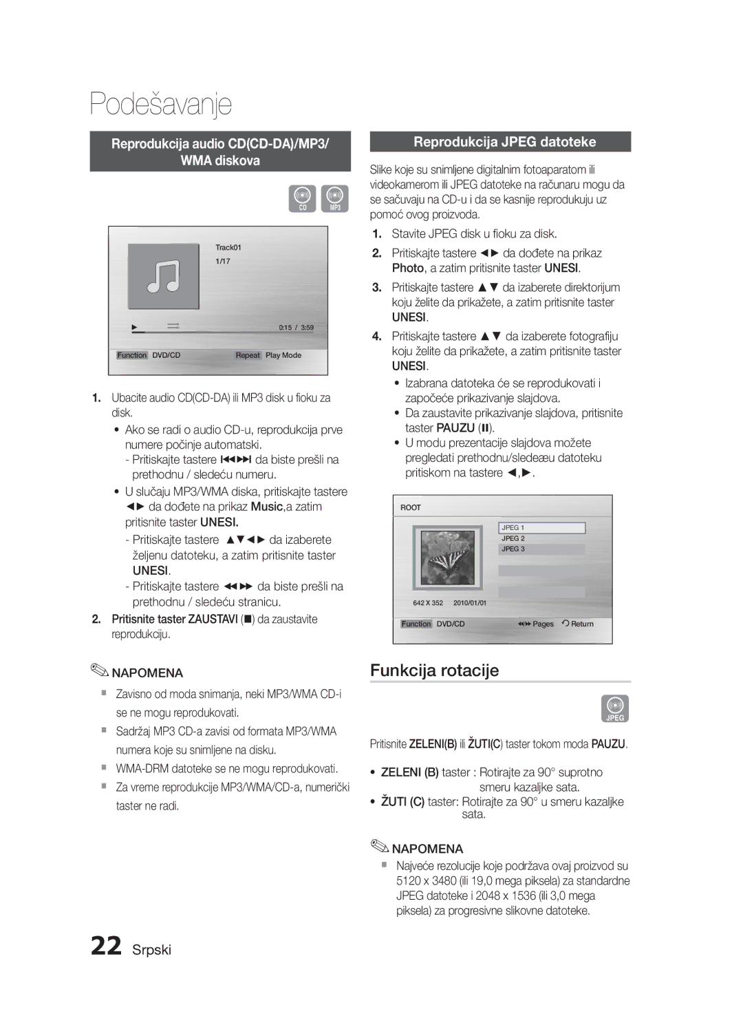 Samsung HT-E330/EN manual Funkcija rotacije, Reprodukcija audio CDCD-DA/MP3 WMA diskova, Reprodukcija Jpeg datoteke, Unesi 