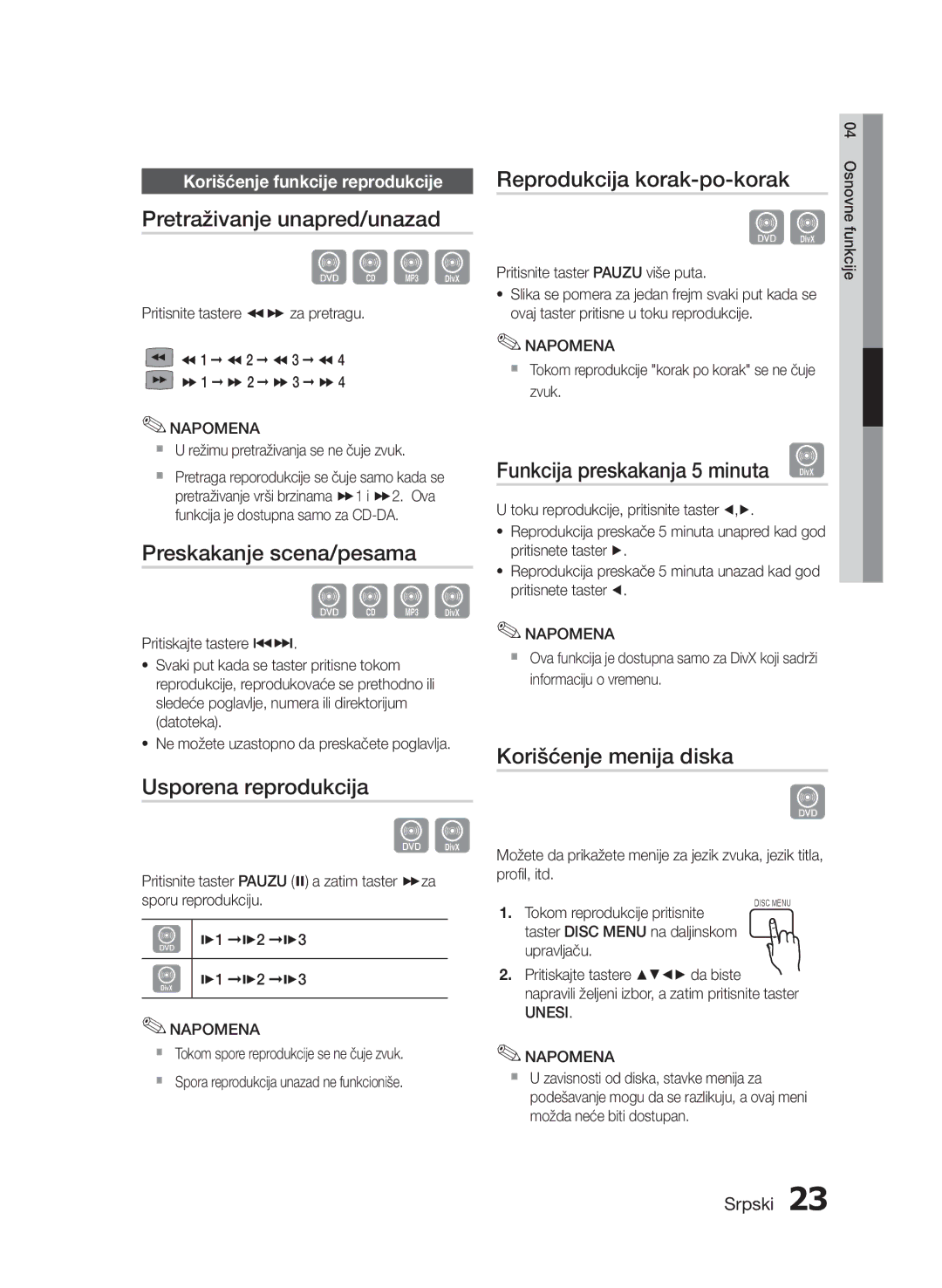 Samsung HT-E330/EN Pretraživanje unapred/unazad, Preskakanje scena/pesama, Usporena reprodukcija, Korišćenje menija diska 