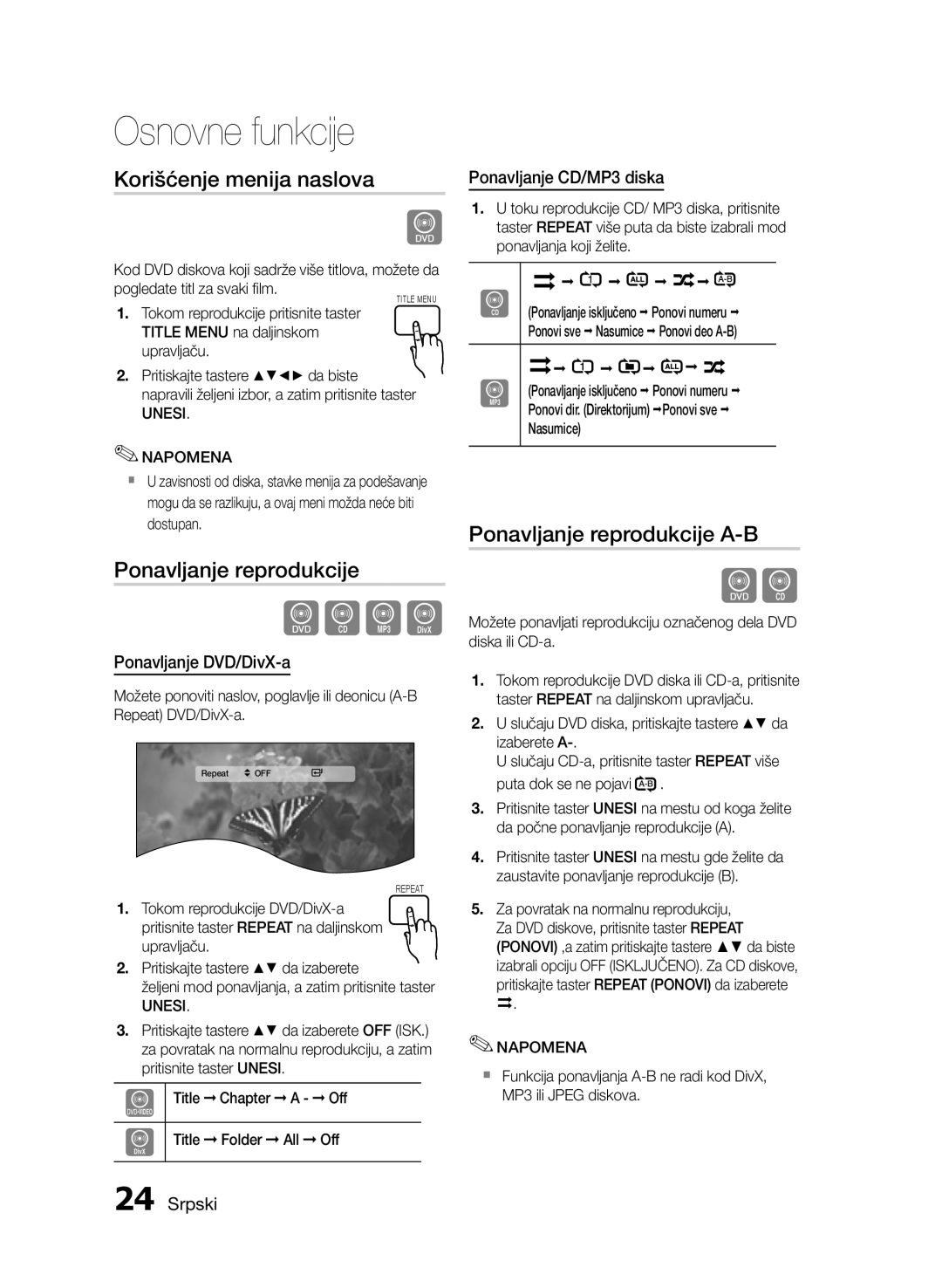 Samsung HT-E330/EN manual Korišćenje menija naslova, Ponavljanje reprodukcije A-B, Ponavljanje DVD/DivX-a 