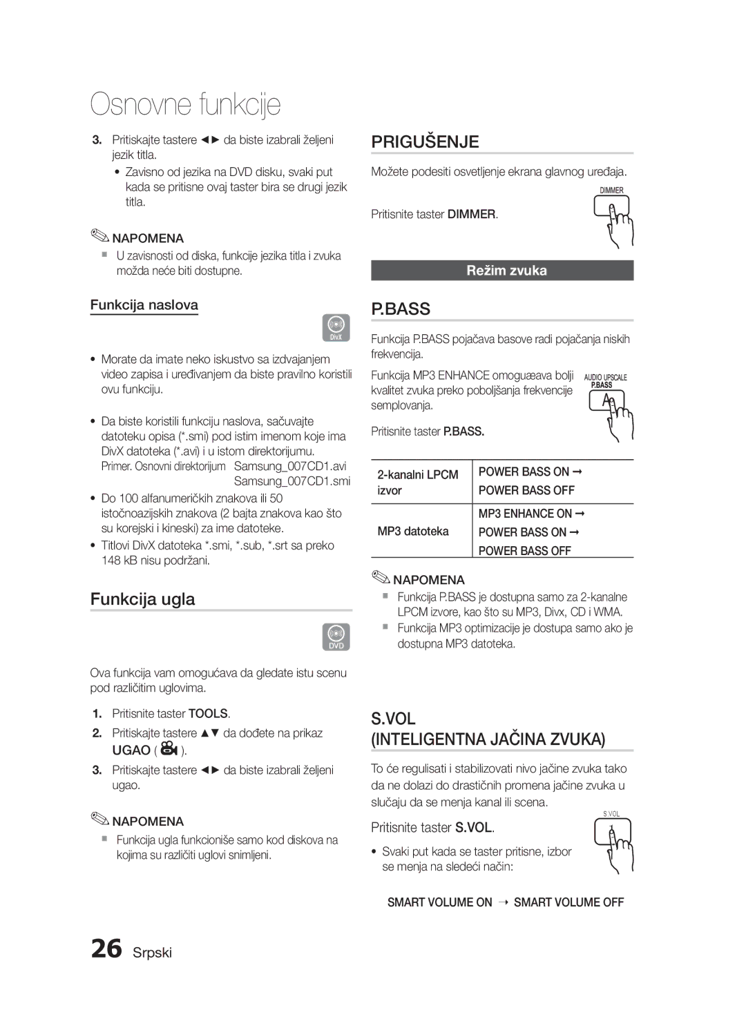 Samsung HT-E330/EN manual Funkcija ugla, Prigušenje, VOL Inteligentna Jačina Zvuka, Režim zvuka 