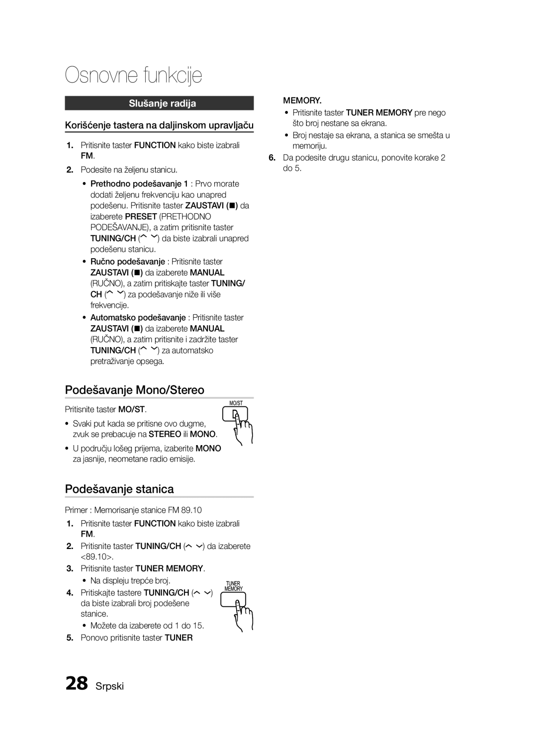 Samsung HT-E330/EN manual Slušanje radija, Korišćenje tastera na daljinskom upravljaču, Pritisnite taster MO/ST 