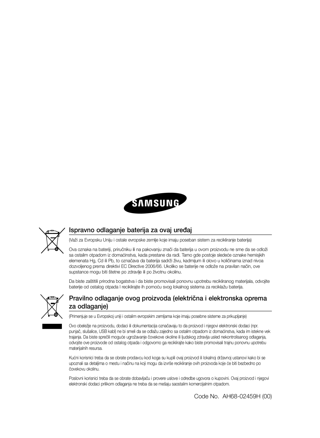 Samsung HT-E330/EN manual Ispravno odlaganje baterija za ovaj uređaj, Code No. AH68-02459H 