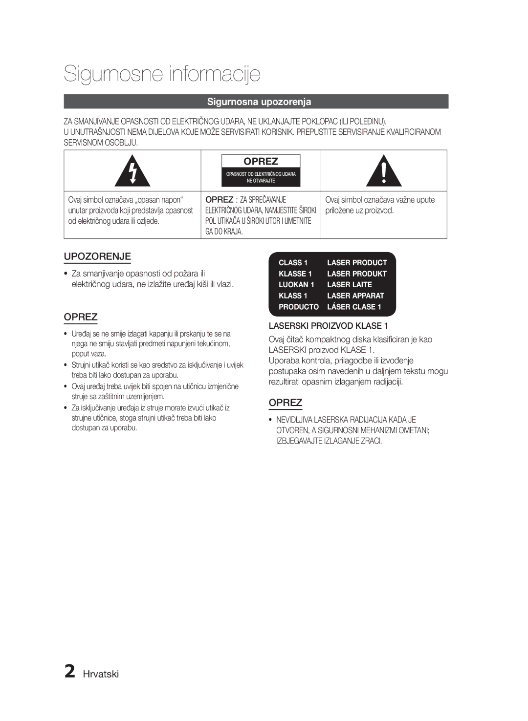 Samsung HT-E330/EN Hrvatski, Oprez ZA Sprečavanje, Priložene uz proizvod, Od električnog udara ili ozljede, GA do Kraja 