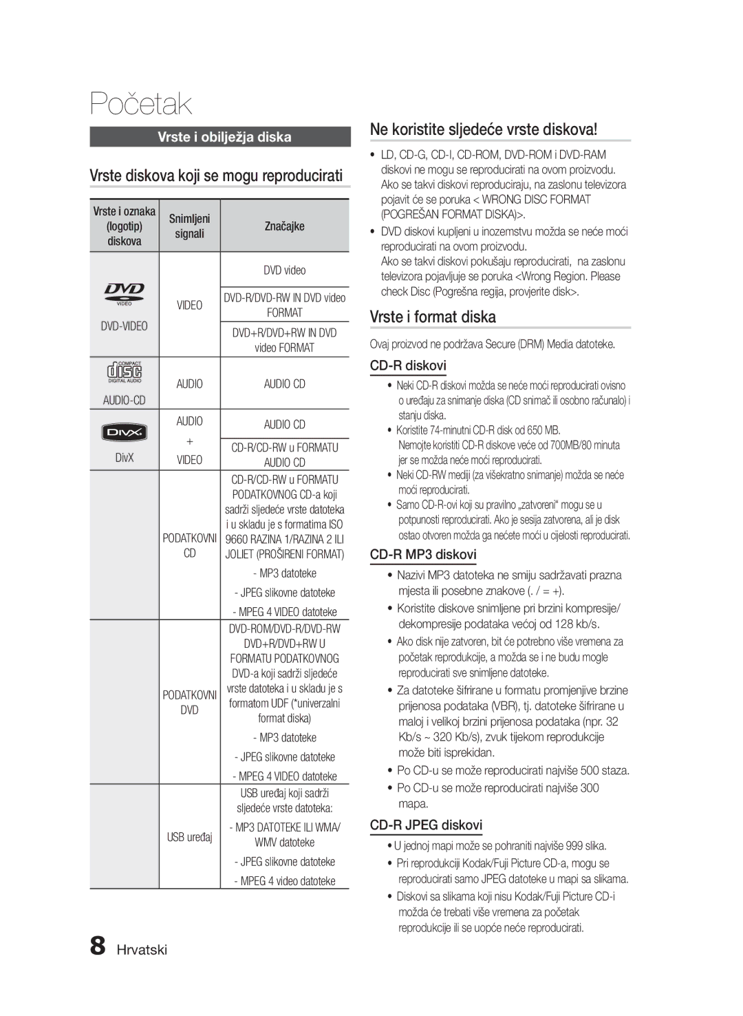 Samsung HT-E330/EN Ne koristite sljedeće vrste diskova, Vrste i format diska, Vrste diskova koji se mogu reproducirati 