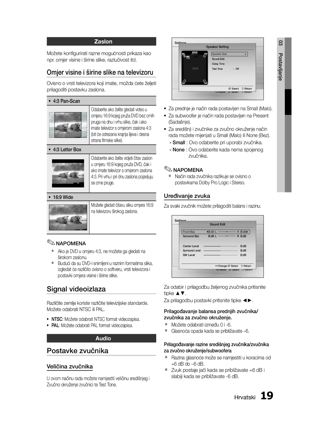 Samsung HT-E330/EN manual Signal videoizlaza, Postavke zvučnika, Zaslon, PAL Možete odabrati PAL format videozapisa 