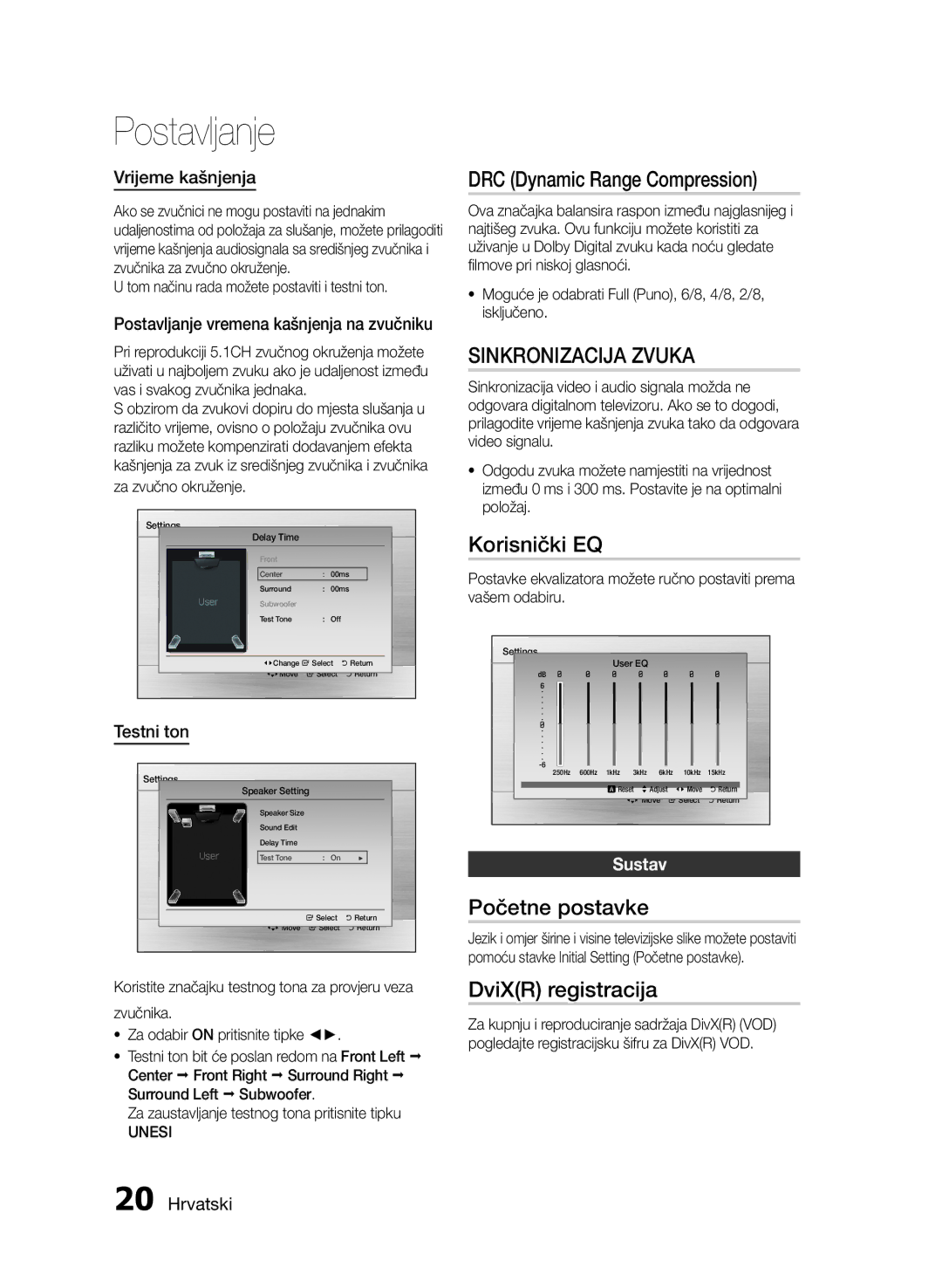 Samsung HT-E330/EN manual Sinkronizacija Zvuka, Korisnički EQ, Početne postavke, DviXR registracija, Sustav 