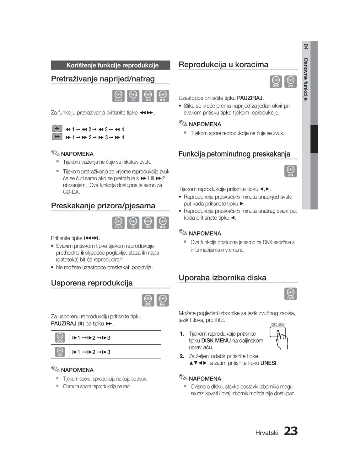 Samsung HT-E330/EN manual Pretraživanje naprijed/natrag, Preskakanje prizora/pjesama, Reprodukcija u koracima 