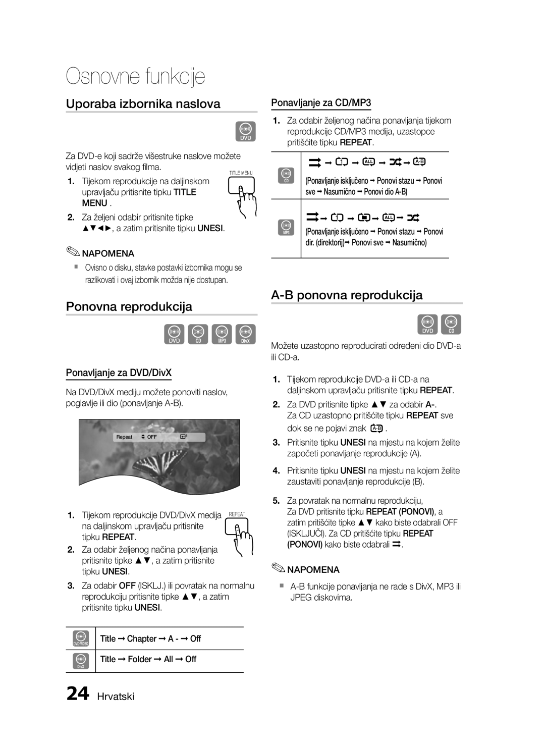 Samsung HT-E330/EN manual Uporaba izbornika naslova, Ponovna reprodukcija, Ponavljanje za DVD/DivX, Ponavljanje za CD/MP3 