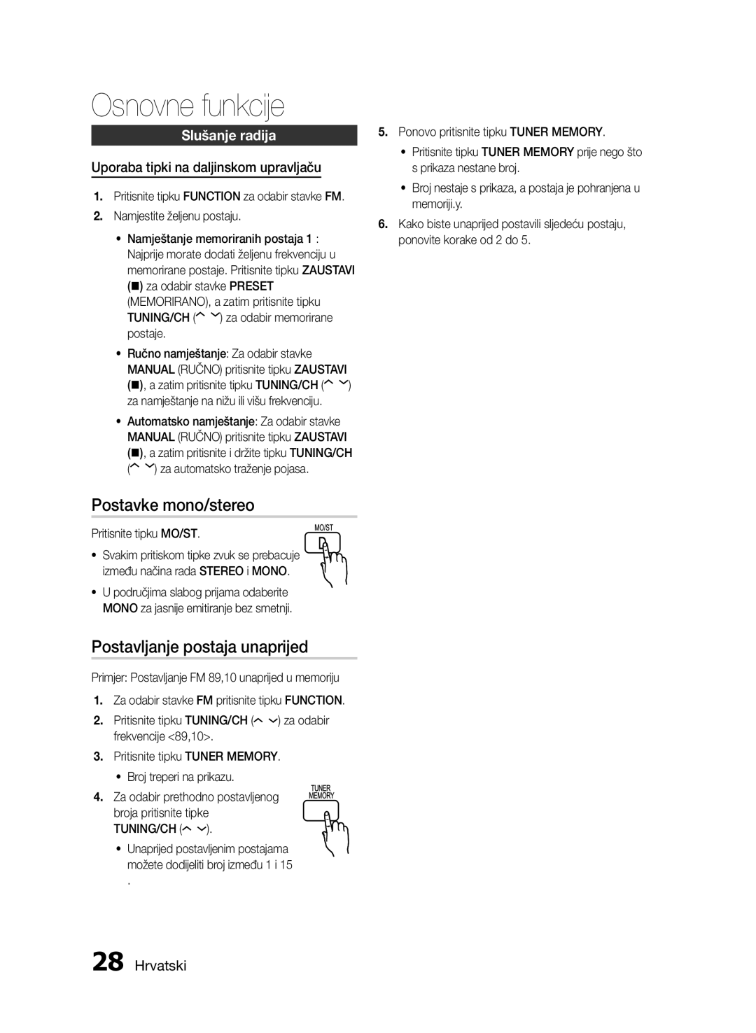 Samsung HT-E330/EN manual Postavke mono/stereo, Postavljanje postaja unaprijed, Uporaba tipki na daljinskom upravljaču 