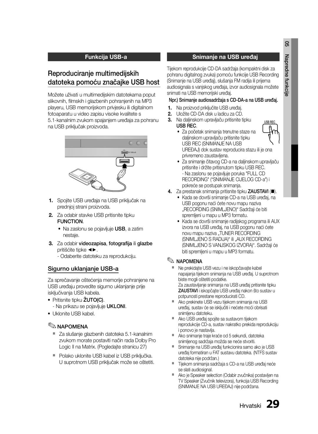 Samsung HT-E330/EN manual Reproduciranje multimedijskih, Funkcija USB-a Snimanje na USB uređaj, Sigurno uklanjanje USB-a 