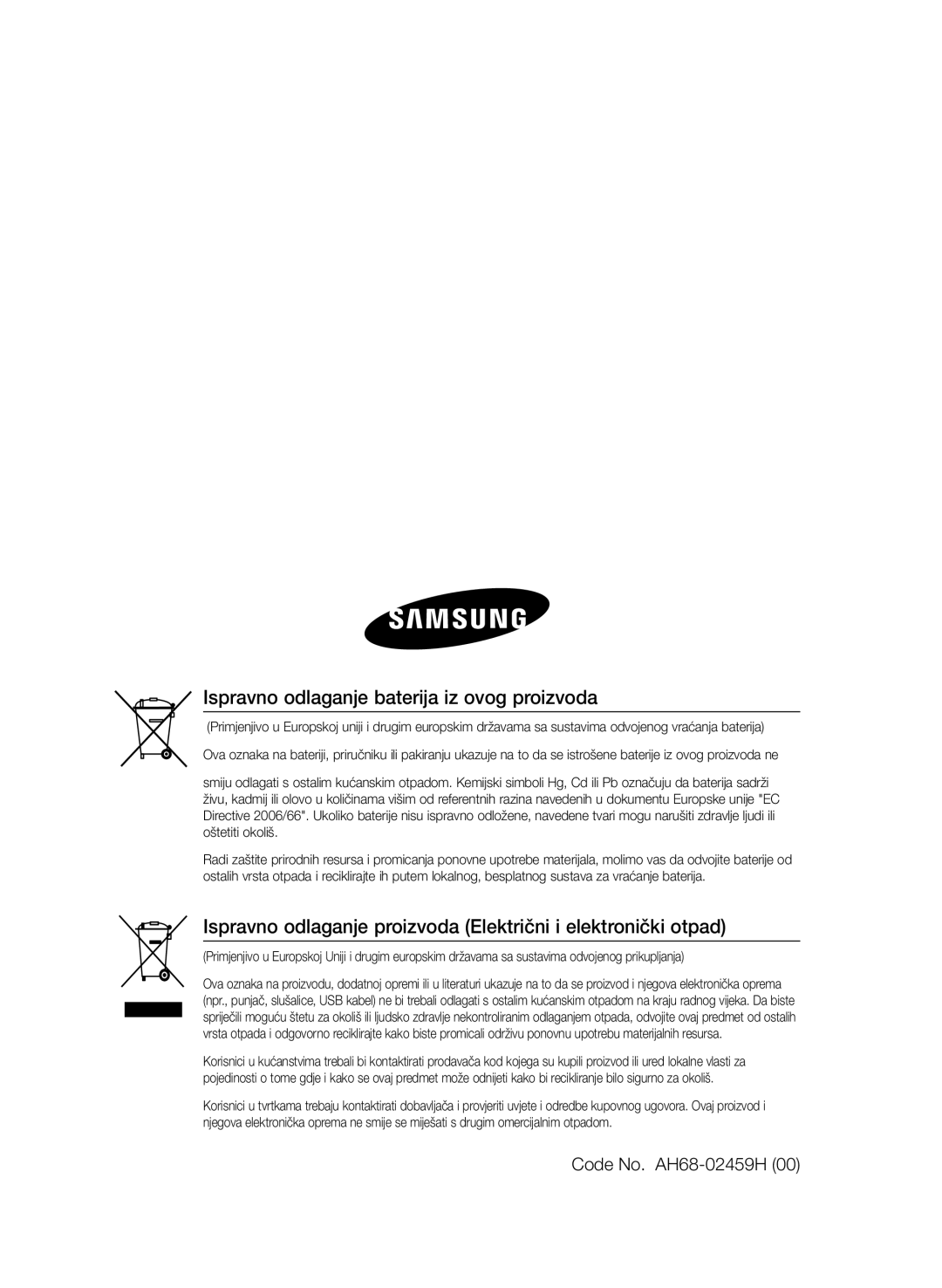 Samsung HT-E330/EN manual Ispravno odlaganje baterija iz ovog proizvoda 