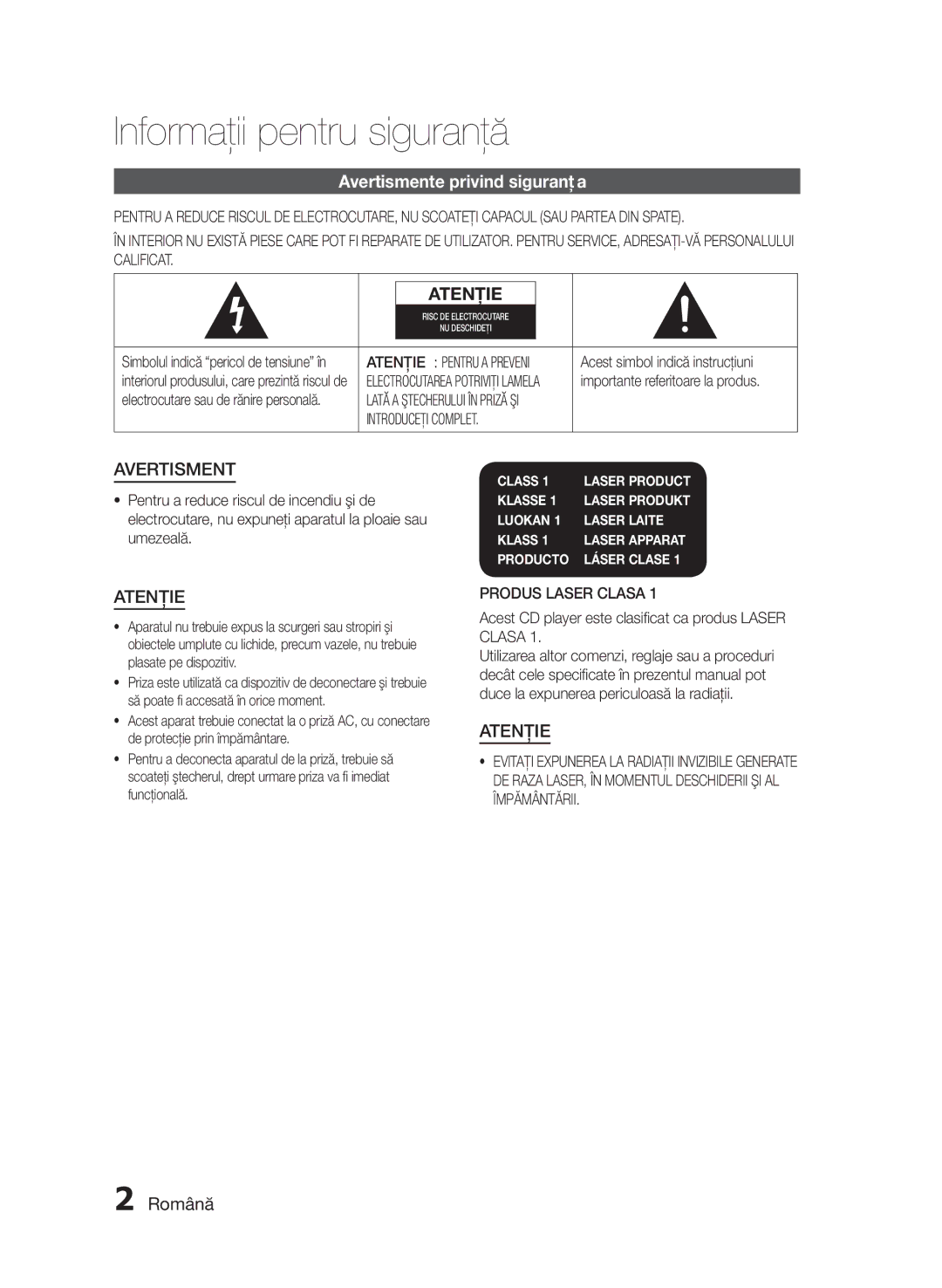 Samsung HT-E330/EN manual Informaţii pentru siguranţă, Avertismente privind siguranţa, Română, Introduceţi Complet 