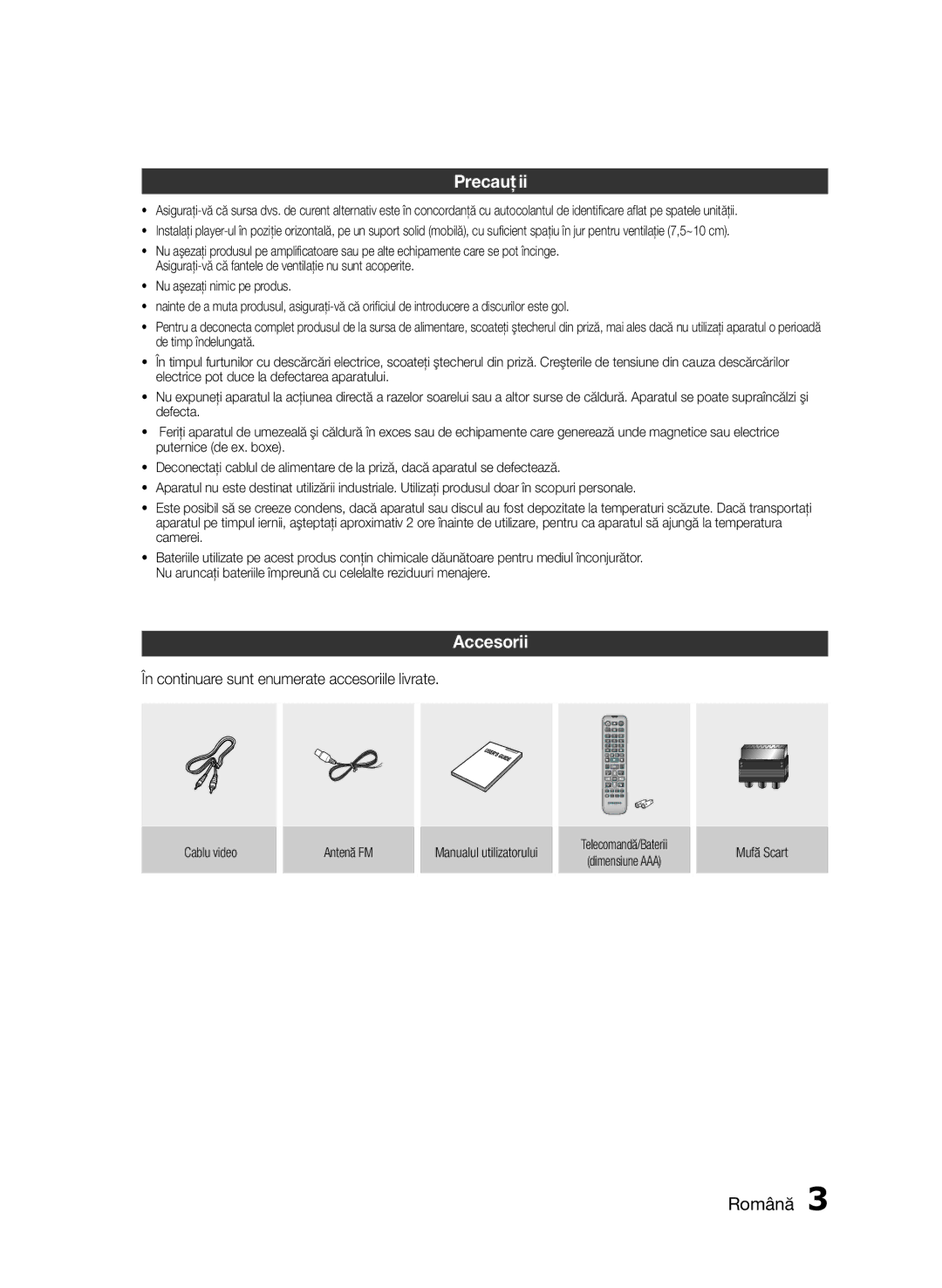 Samsung HT-E330/EN manual Precauţii, Accesorii, În continuare sunt enumerate accesoriile livrate 