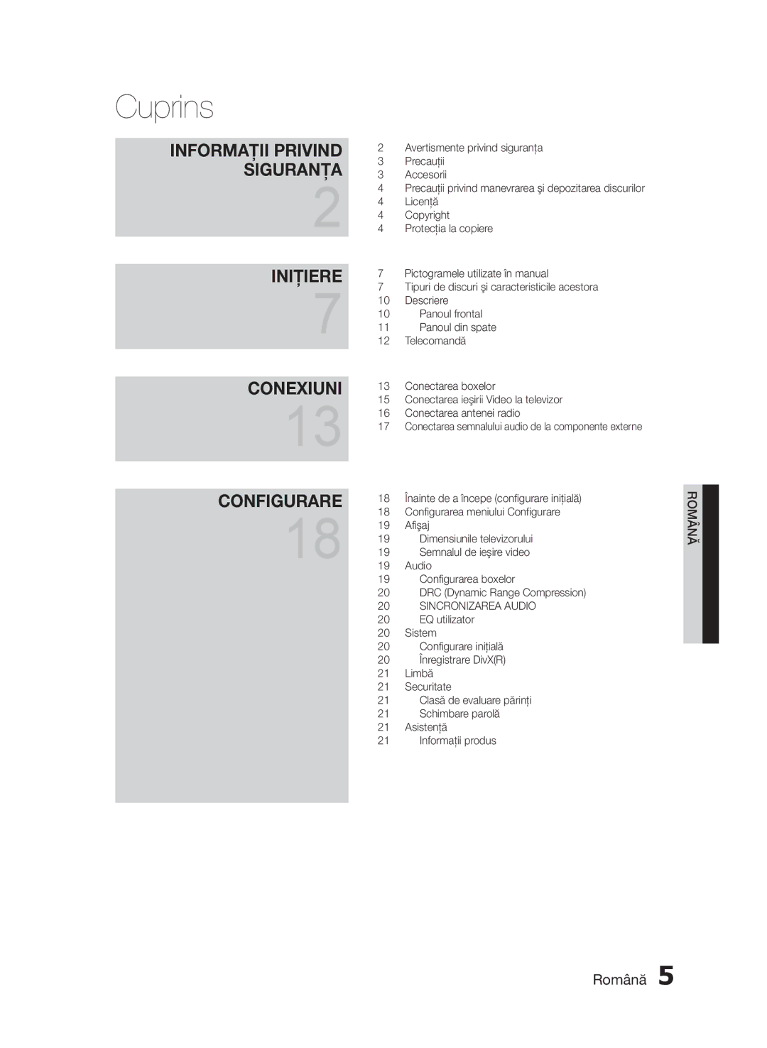 Samsung HT-E330/EN manual Cuprins, Iniţiere Conexiuni Configurare 