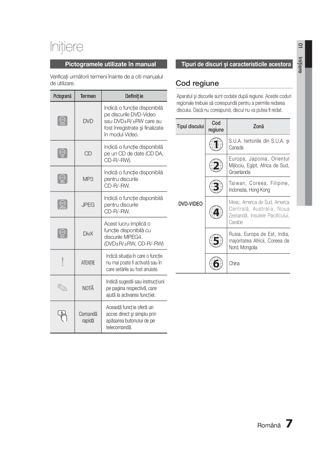 Samsung HT-E330/EN Iniţiere, Cod regiune, Pictogramele utilizate în manual 