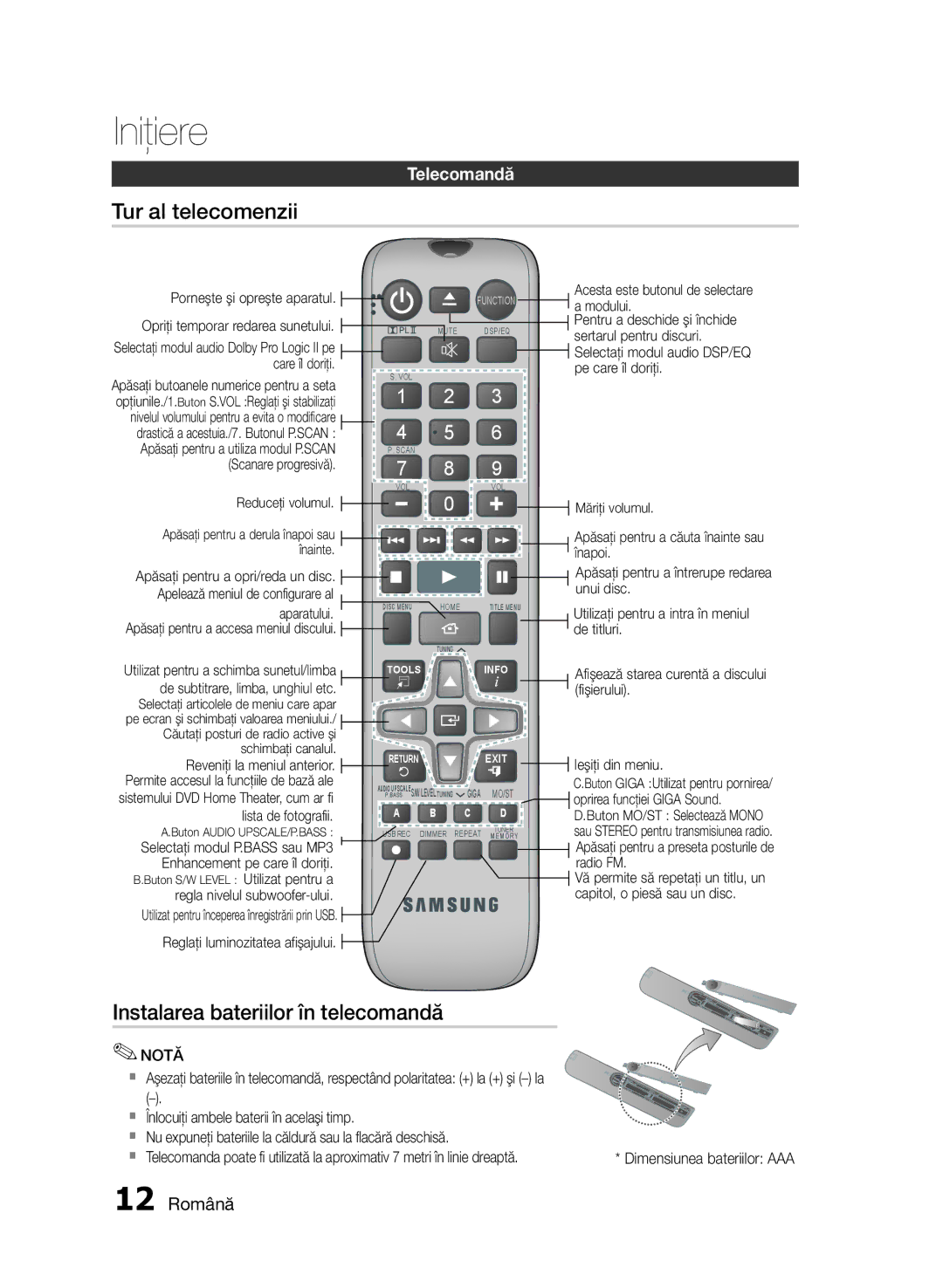 Samsung HT-E330/EN manual Tur al telecomenzii, Instalarea bateriilor în telecomandă, Telecomandă, 12 Română 