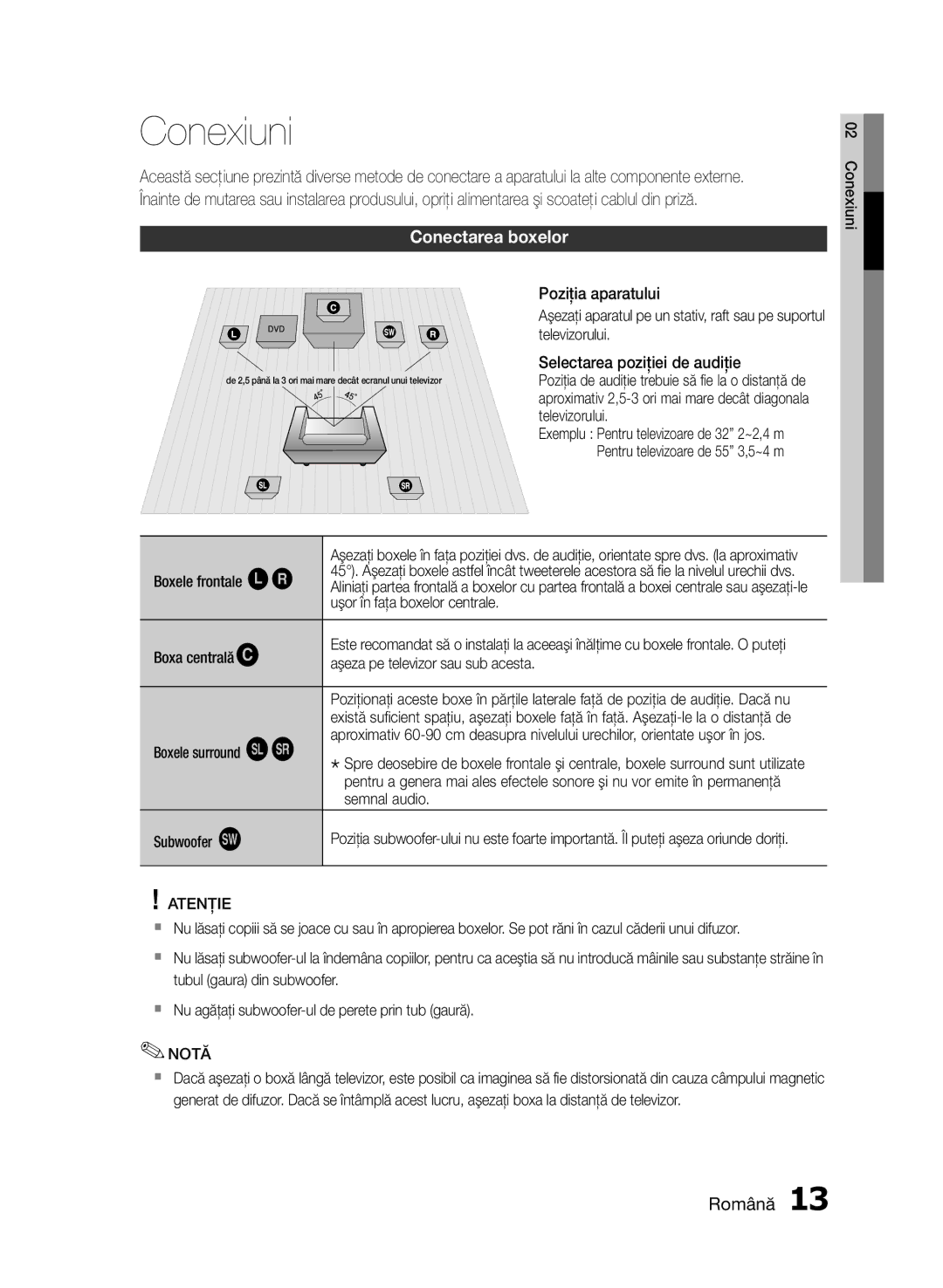 Samsung HT-E330/EN manual Conexiuni, Conectarea boxelor, Atenţie 