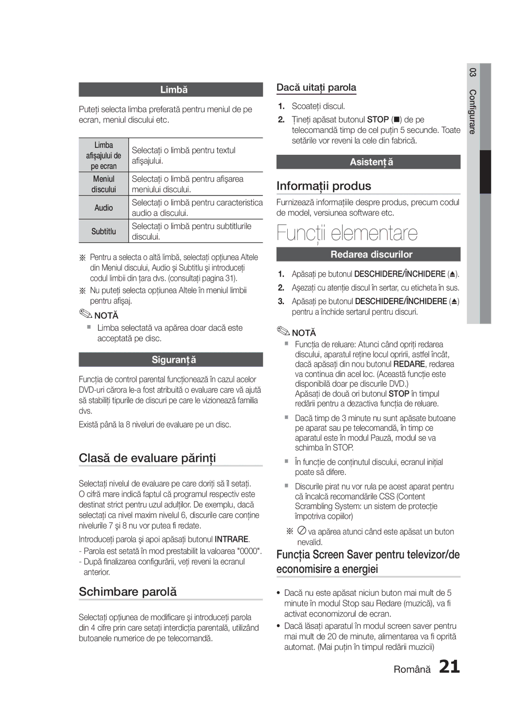 Samsung HT-E330/EN manual Funcţii elementare, Clasă de evaluare părinţi, Schimbare parolă, Informaţii produs 