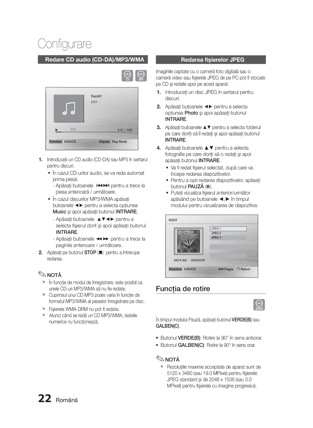 Samsung HT-E330/EN manual Funcţia de rotire, Redare CD audio CD-DA/MP3/WMA Redarea fişierelor Jpeg, 22 Română, Galbenc 