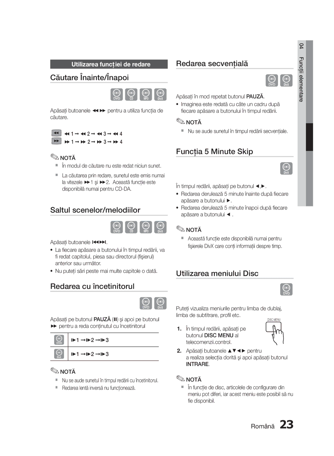 Samsung HT-E330/EN manual Căutare Înainte/Înapoi, Saltul scenelor/melodiilor, Redarea cu încetinitorul, Redarea secvenţială 