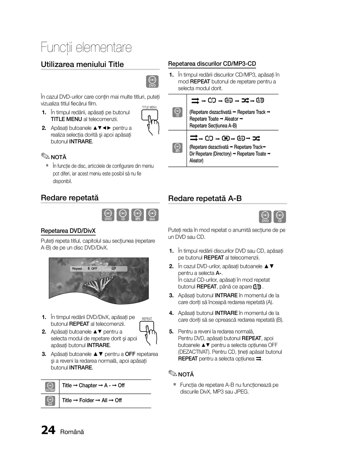 Samsung HT-E330/EN manual Utilizarea meniului Title, Redare repetată A-B 