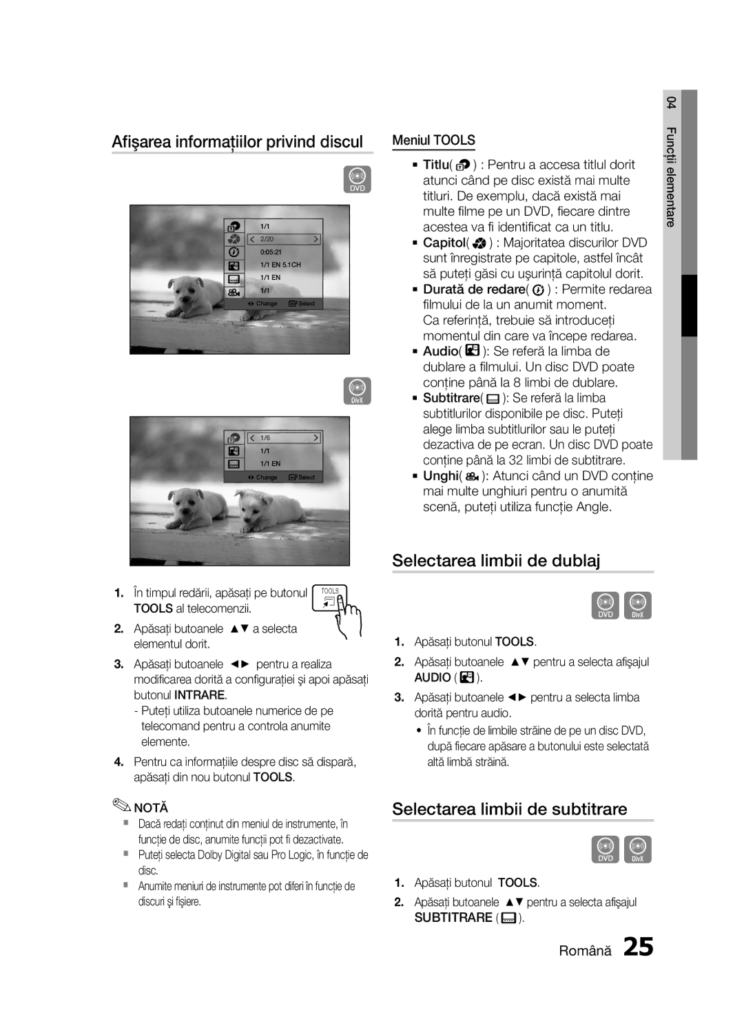 Samsung HT-E330/EN Afişarea informaţiilor privind discul, Selectarea limbii de dublaj, Selectarea limbii de subtitrare 