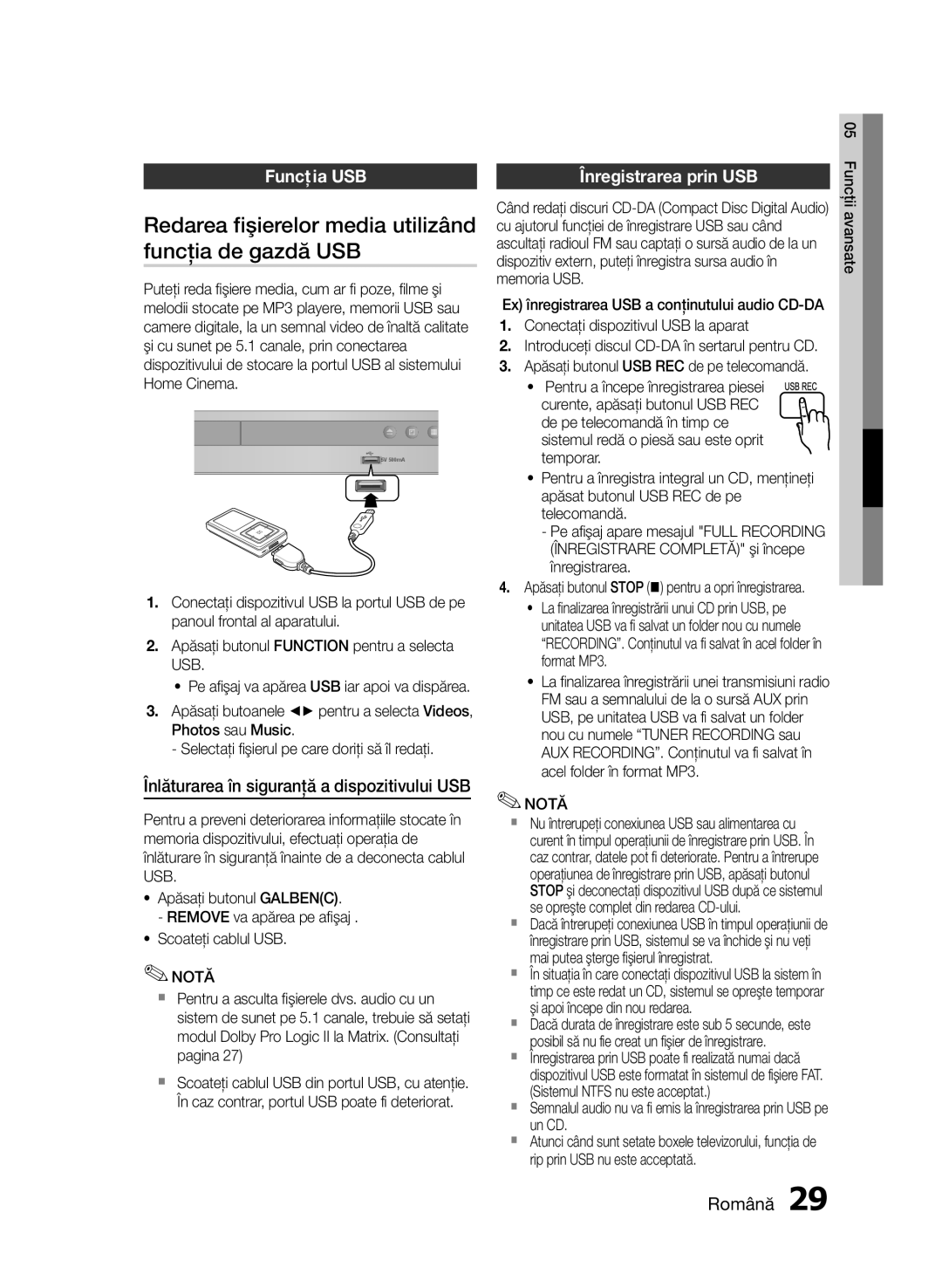 Samsung HT-E330/EN manual Redarea fişierelor media utilizând, Funcţia de gazdă USB, Funcţia USB Înregistrarea prin USB, Usb 