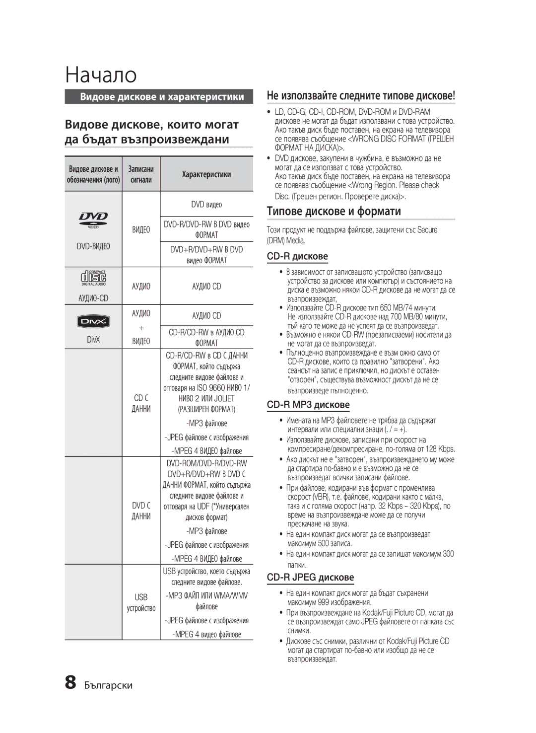 Samsung HT-E330/EN manual Видове дискове, които могат да бъдат възпроизвеждани, Типове дискове и формати, CD-R дискове 