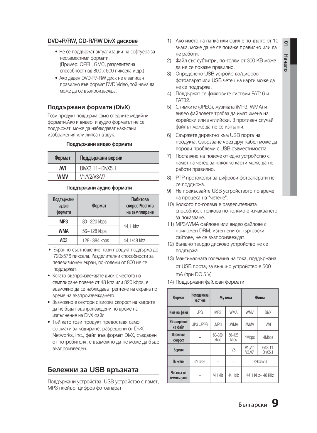 Samsung HT-E330/EN manual Бележки за USB връзката, DVD+R/RW, CD-R/RW DivX дискове, Поддържани формати DivX, 01 Начало 