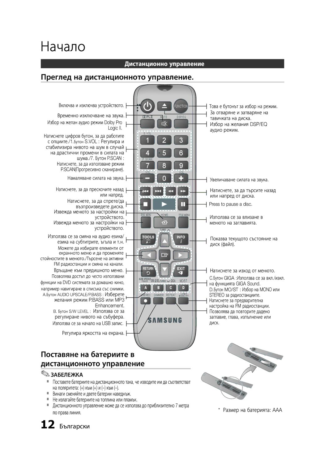 Samsung HT-E330/EN Преглед на дистанционното управление, Поставяне на батериите в дистанционното управление, 12 Български 