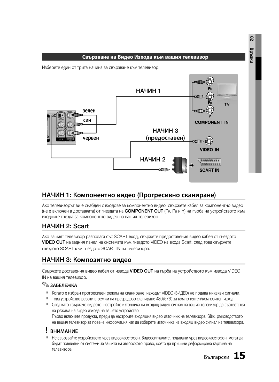 Samsung HT-E330/EN manual Начин 1 Компонентно видео Прогресивно сканиране, Начин 2 Scart, Начин 3 Композитно видео 