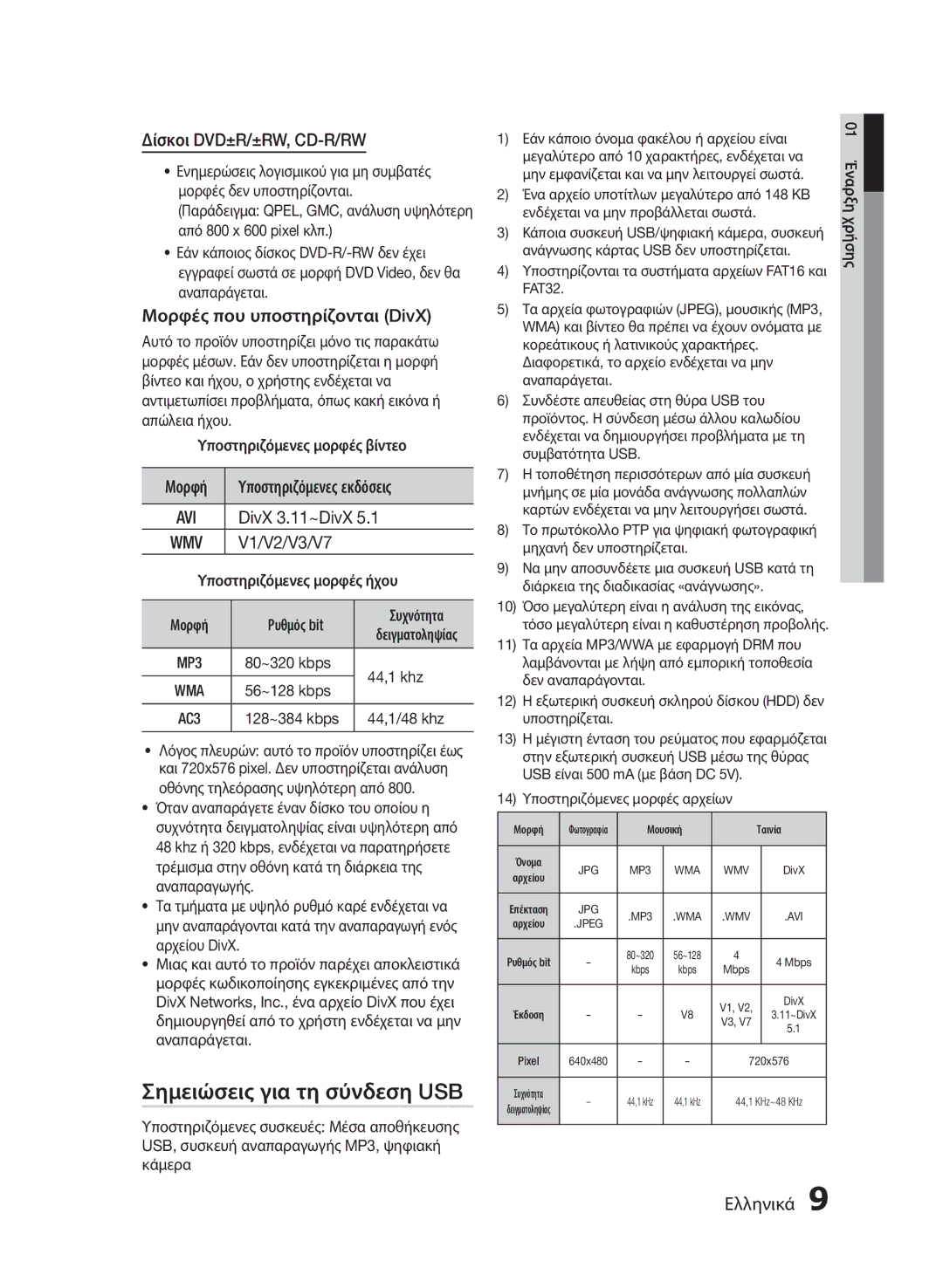 Samsung HT-E330/EN manual Σημειώσεις για τη σύνδεση USB 