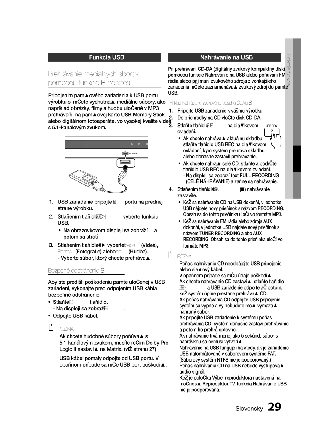 Samsung HT-E330/EN manual Prehrávanie mediálnych súborov, Pomocou funkcie USB hostiteľa, Funkcia USB Nahrávanie na USB, Usb 