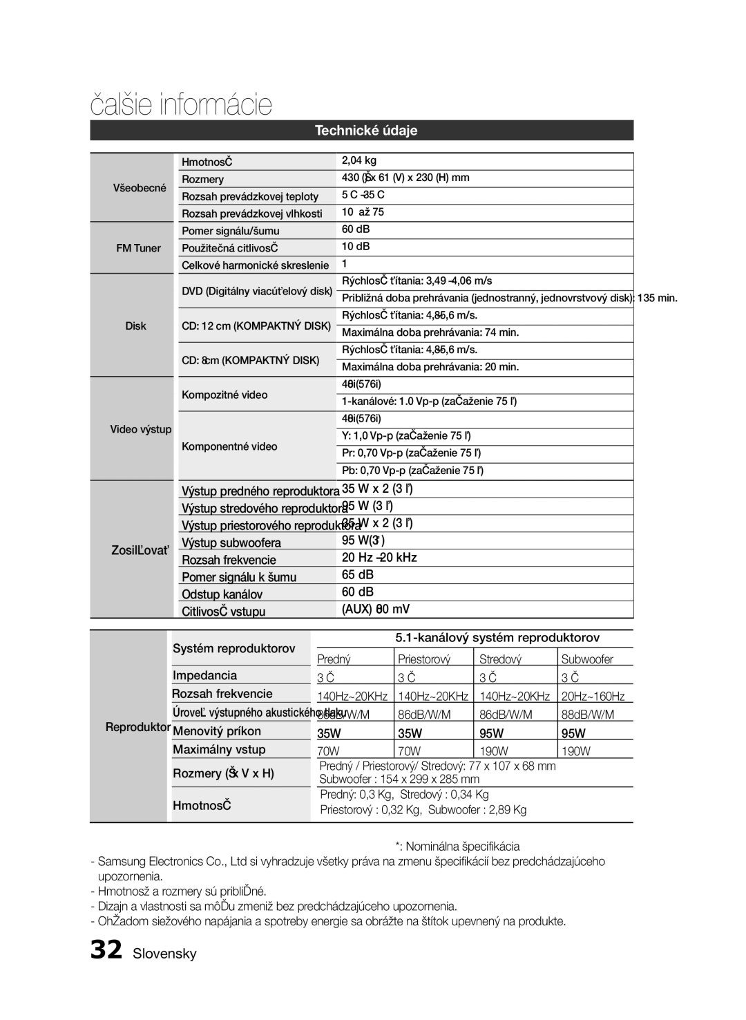 Samsung HT-E330/EN manual Technické údaje, Zosilňovač, 95 W 3 Ω, Systém reproduktorov Impedancia Rozsah frekvencie 