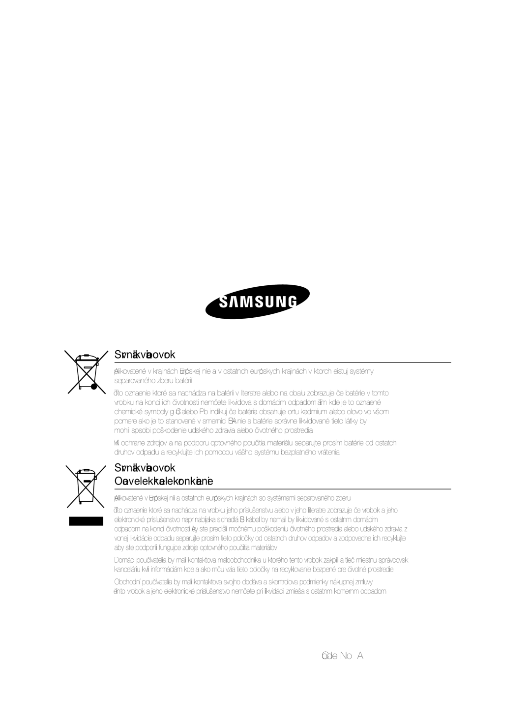 Samsung HT-E330/EN manual Správna likvidácia batérií tohto výrobku, Code No. AH68-02459G 