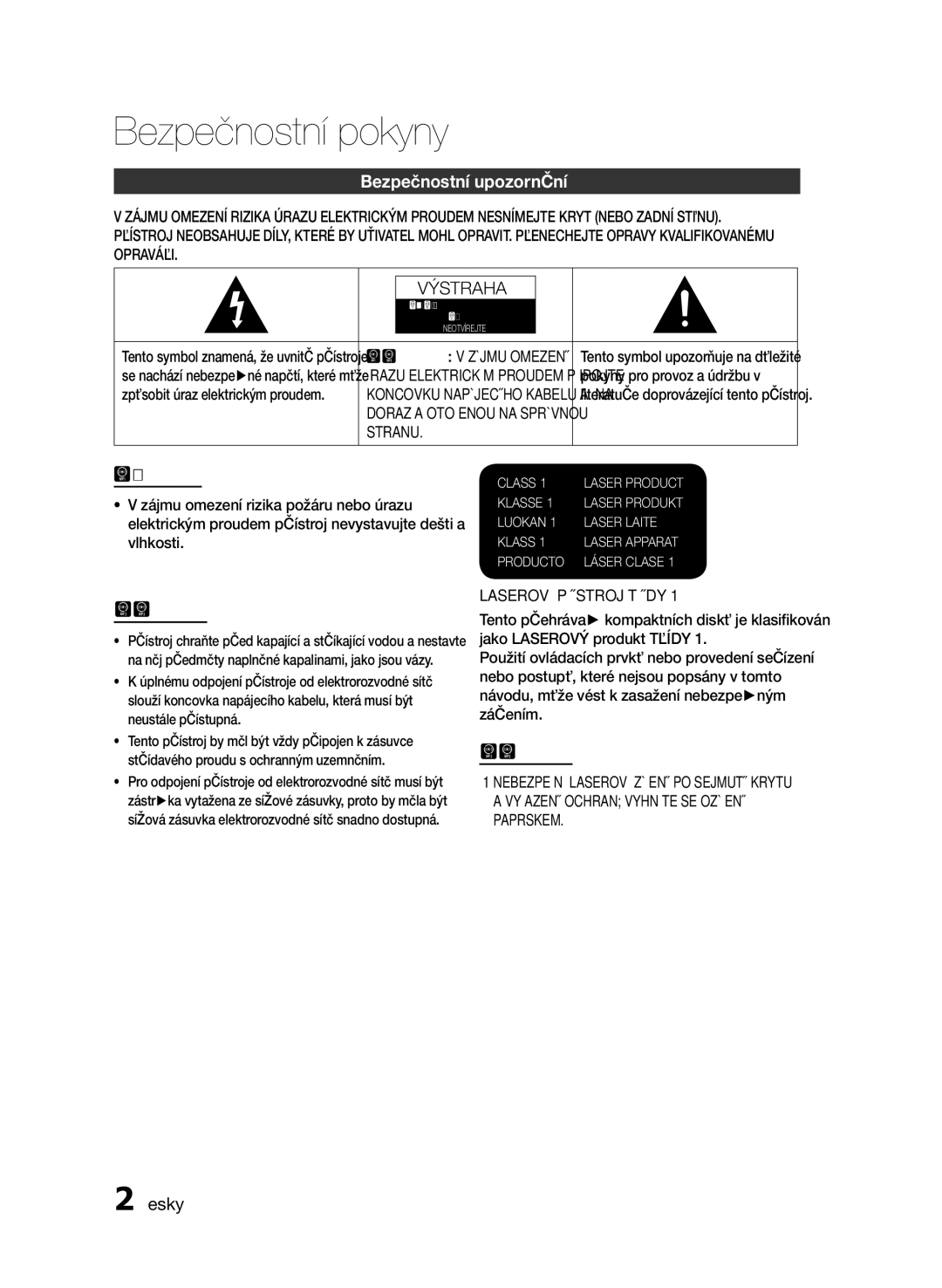 Samsung HT-E330/EN manual Bezpečnostní pokyny, Bezpečnostní upozornění, Česky, Stranu, Laserový Přístroj Třídy 