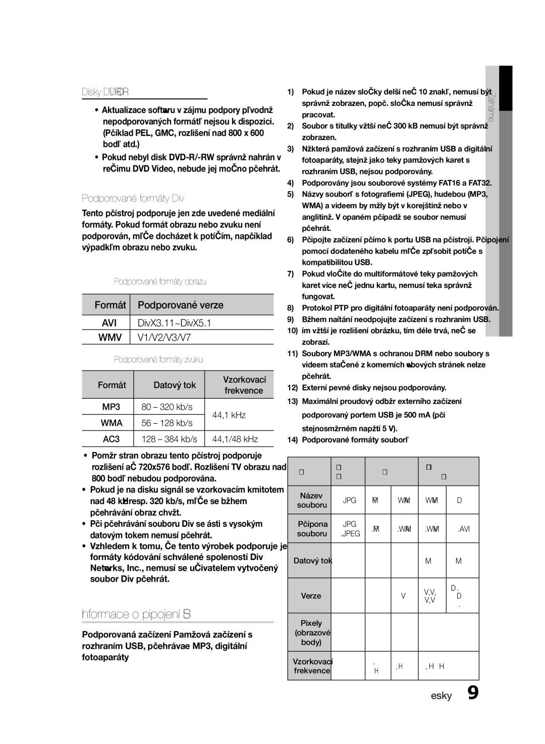 Samsung HT-E330/EN manual Informace o připojení USB, Podporované formáty obrazu, Datový tok, 80 320 kb/s 44,1 kHz 