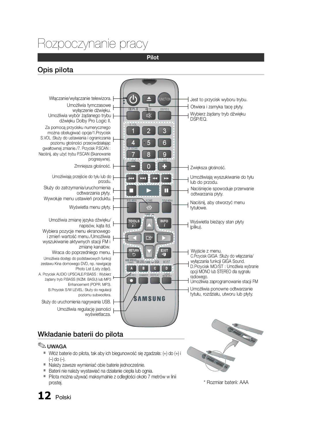 Samsung HT-E330/EN manual Opis pilota, Wkładanie baterii do pilota, Pilot, Prostej 