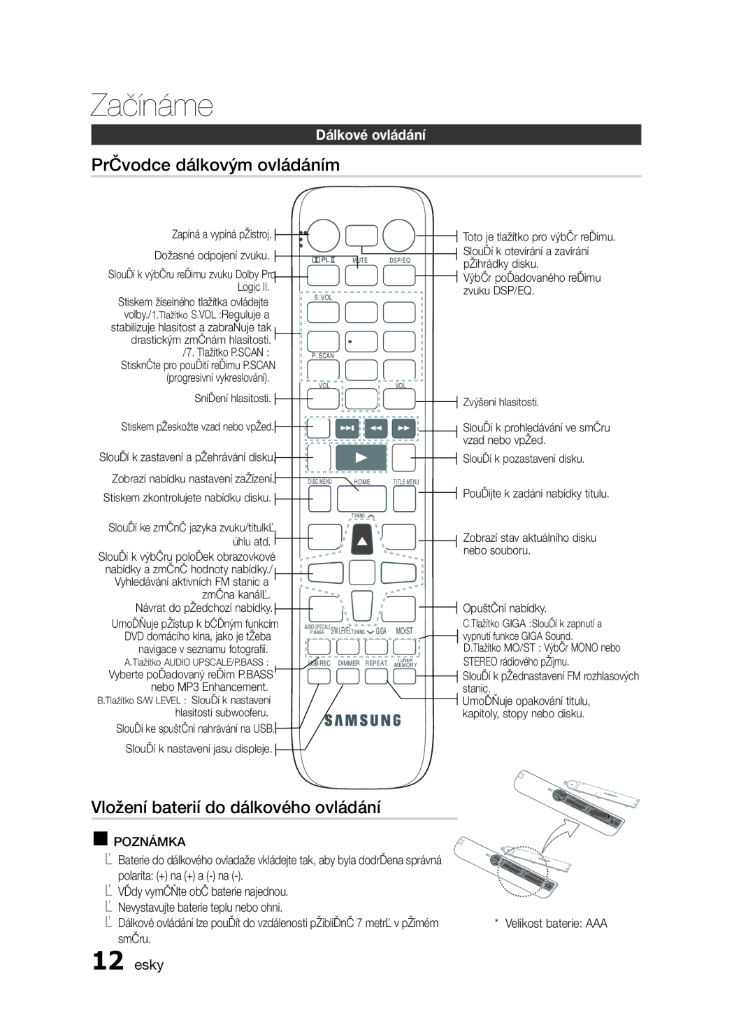 Samsung HT-E330/EN manual Průvodce dálkovým ovládáním, Vložení baterií do dálkového ovládání, Dálkové ovládání, 12 Česky 