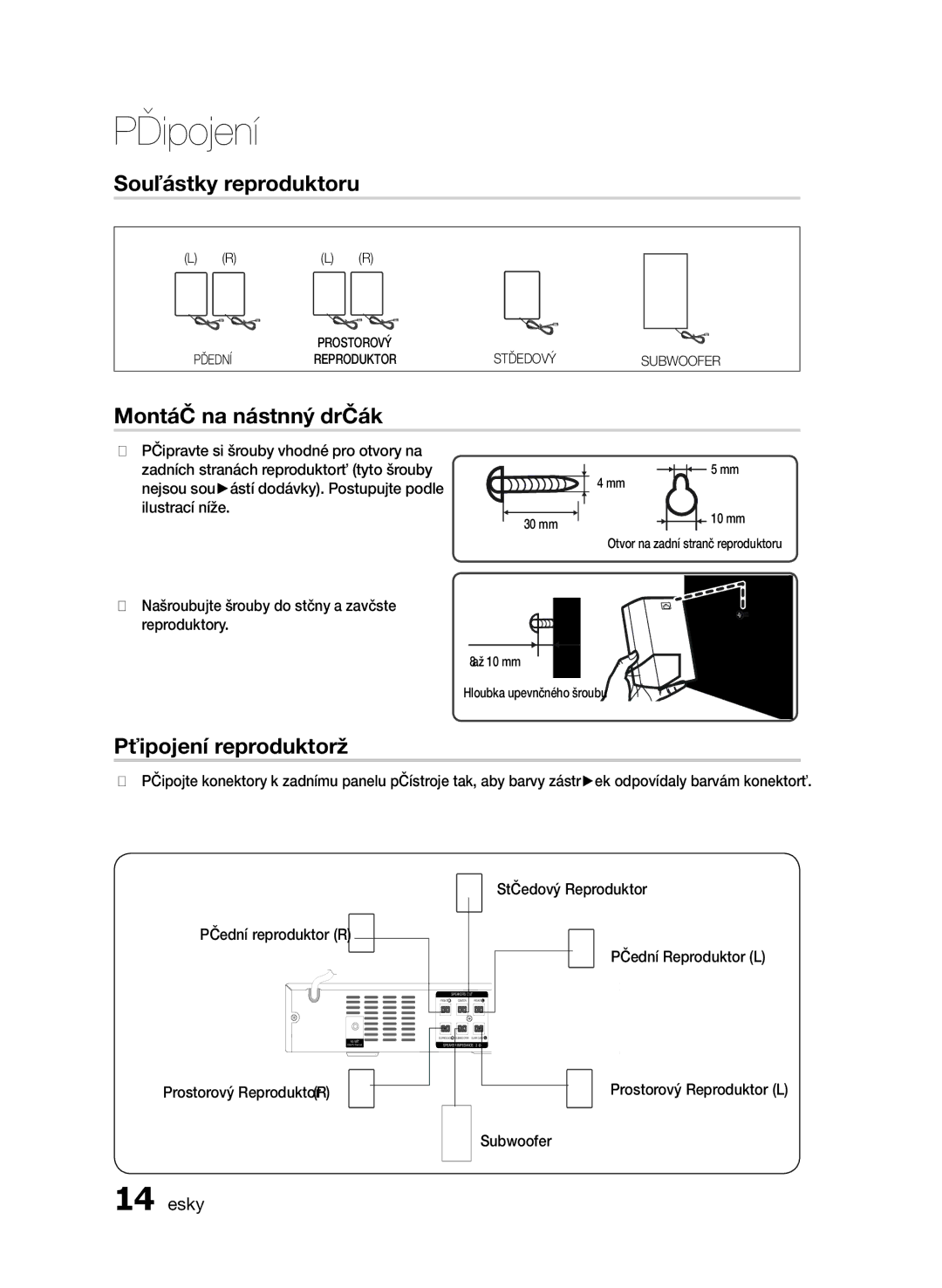 Samsung HT-E330/EN manual Součástky reproduktoru, Montáž na nástěnný držák, Připojení reproduktorů, 14 Česky 