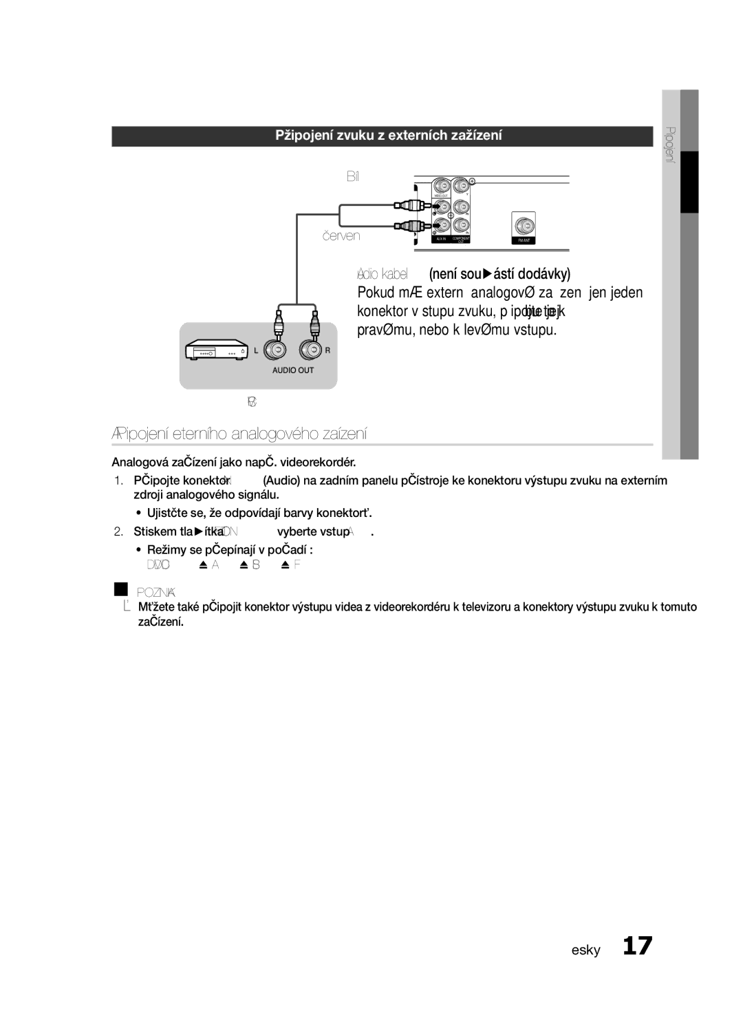 Samsung HT-E330/EN manual AUX Připojení externího analogového zařízení, Připojení zvuku z externích zařízení, Bílý, Červený 