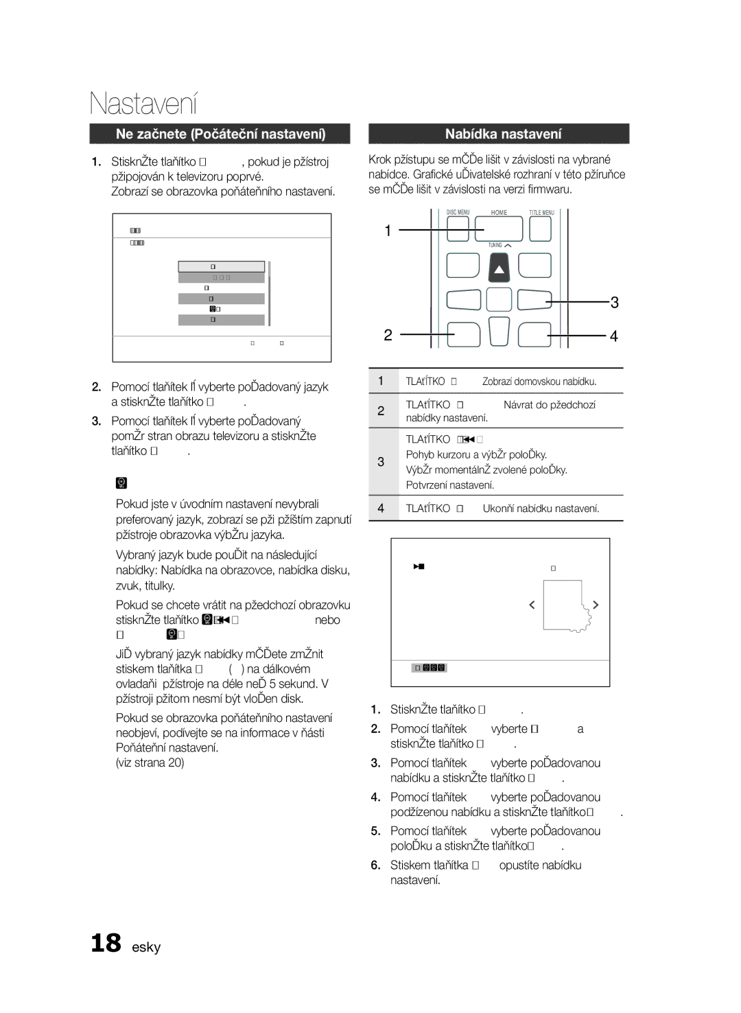 Samsung HT-E330/EN manual Nastavení, Než začnete Počáteční nastavení, Nabídka nastavení, 18 Česky, Return Návrat 