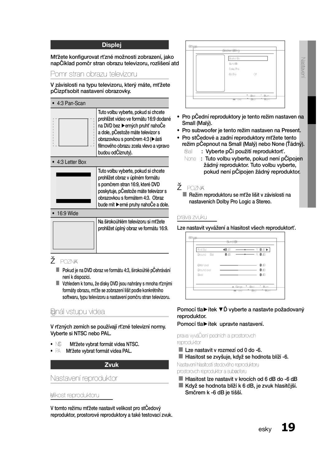 Samsung HT-E330/EN manual Poměr stran obrazu televizoru, Nastavení reproduktorů, Velikost reproduktoru, Úprava zvuku 