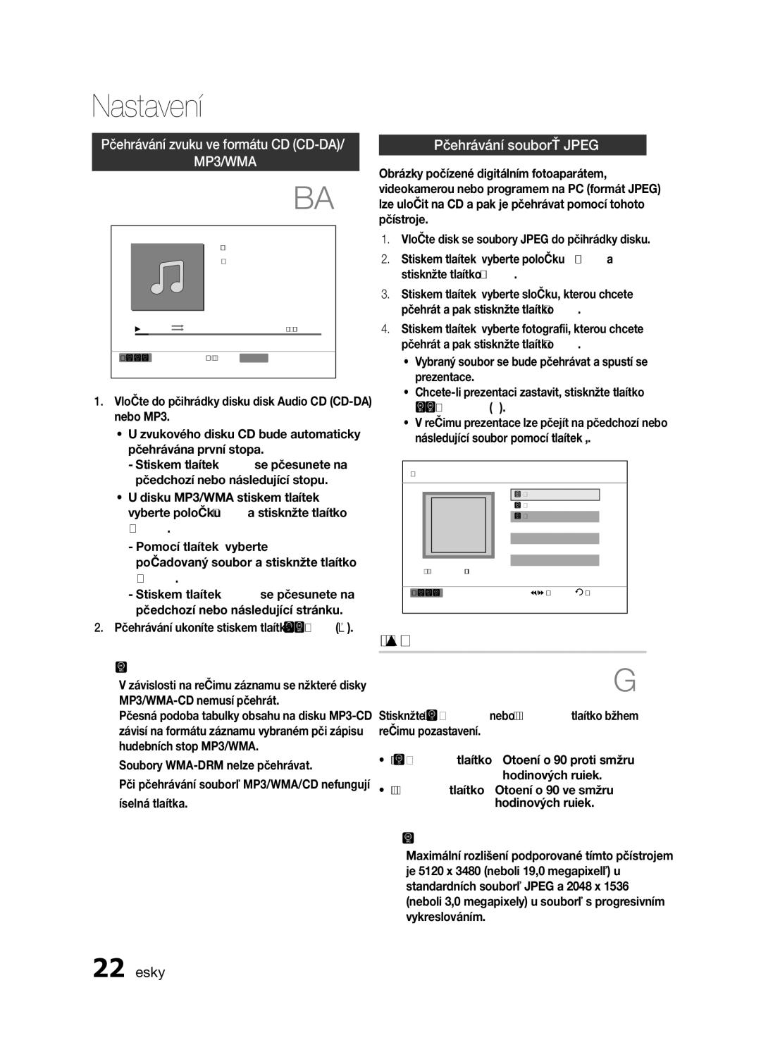 Samsung HT-E330/EN manual Funkce otáčení, Přehrávání souborů Jpeg, 22 Česky, Pozastavení # 