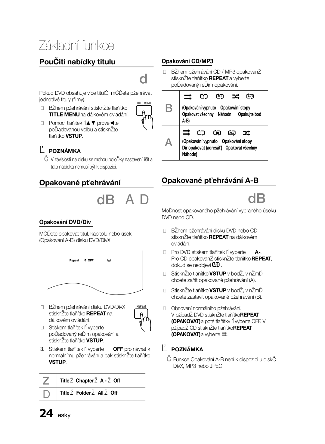 Samsung HT-E330/EN manual Použití nabídky titulu, Opakované přehrávání A-B 