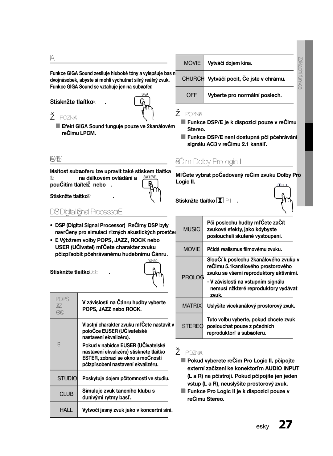 Samsung HT-E330/EN manual Hlasitost S/W, DSP Digital Signal Processor/EQ, Stiskněte tlačítko Giga 