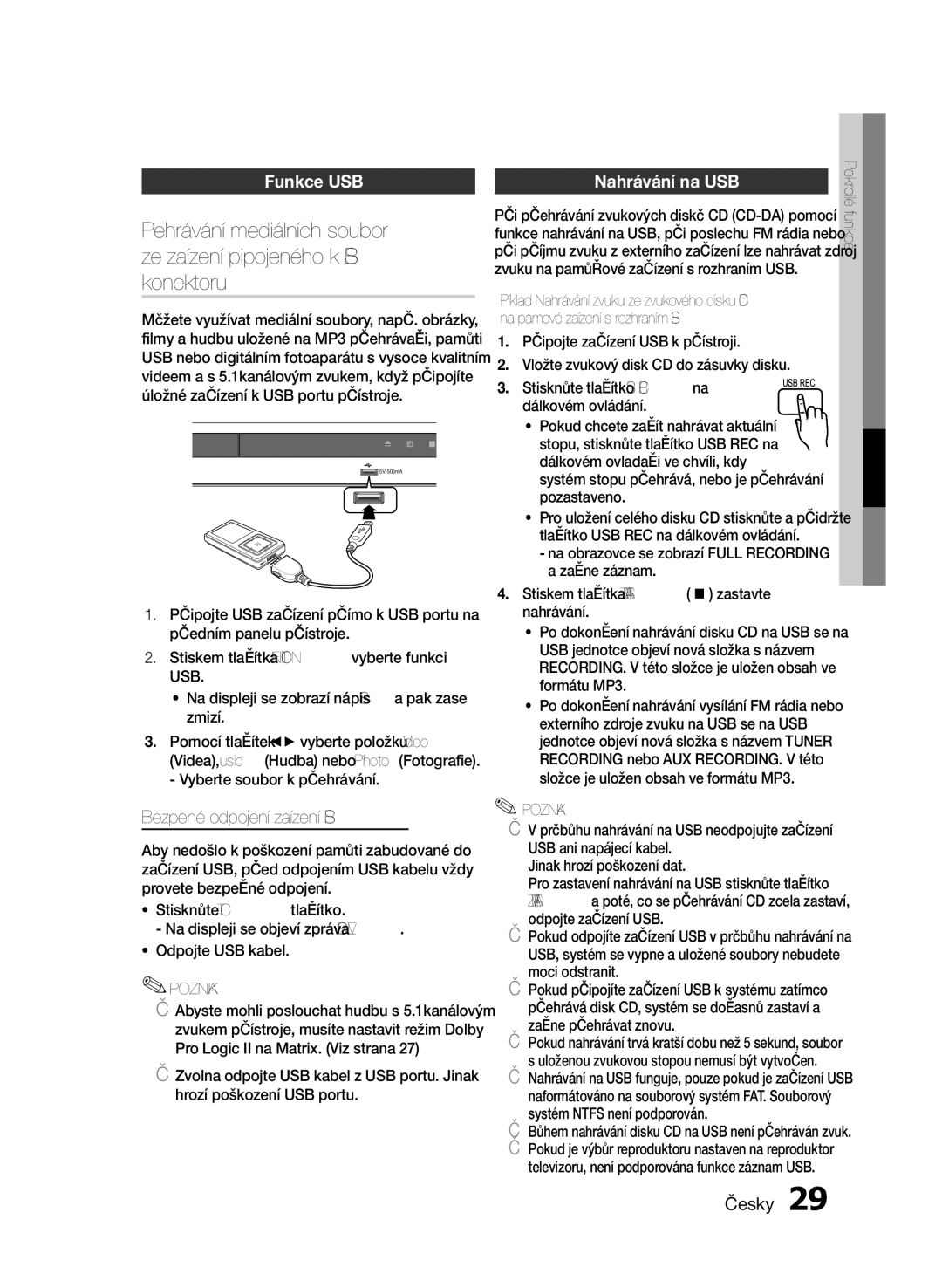 Samsung HT-E330/EN Přehrávání mediálních souborů, Ze zařízení připojeného k USB, Konektoru, Funkce USB Nahrávání na USB 