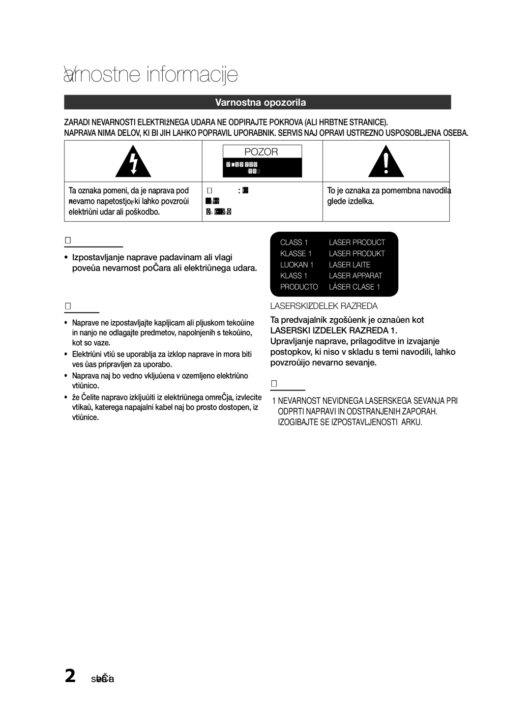 Samsung HT-E330/EN Varnostne informacije, Varnostna opozorila, Slovenščina, Pozor ZA Zmanjšanje, Laserski Izdelek Razreda 